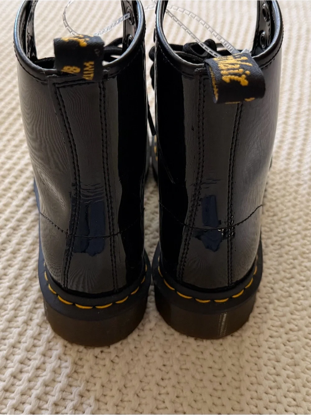 Dr. Martens Kids Black Patent Lace-Up Ankle Boots with Yellow Stitching